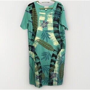 Vintage Crazy Fish Womens Linen Maxi Dress XL Blue Artsy Beachy Boho Lagenlook
